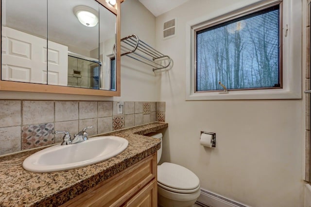 bathroom with tasteful backsplash, visible vents, toilet, an enclosed shower, and vanity