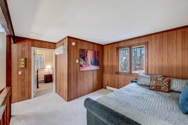 bedroom with wooden walls, an AC wall unit, a baseboard heating unit, and carpet