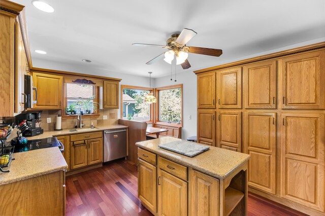 5194 S Hamilton S, Saylorsburg, PA 18353 - kitchen with dishwasher, a kitchen island, brown cabinetry, dark wood finished floors, and recessed lighting