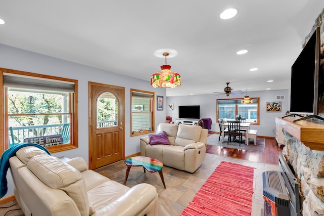 5194 S Hamilton S, Saylorsburg, PA 18353 - living room featuring a ceiling fan, healthy amount of natural light, and recessed lighting