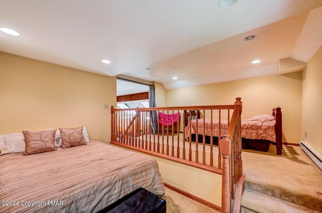 carpeted bedroom with a baseboard heating unit, recessed lighting, and baseboards