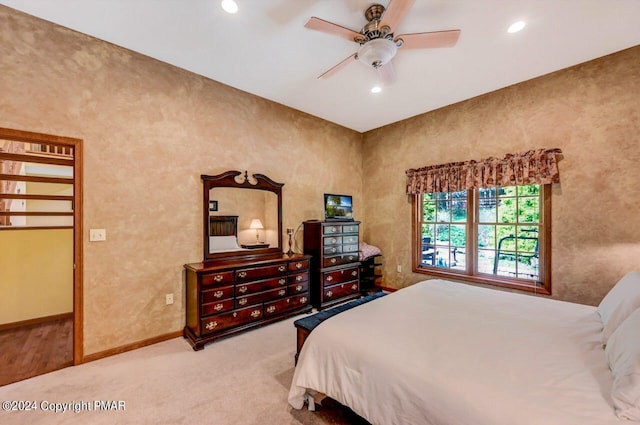 bedroom with carpet floors, ceiling fan, baseboards, and recessed lighting