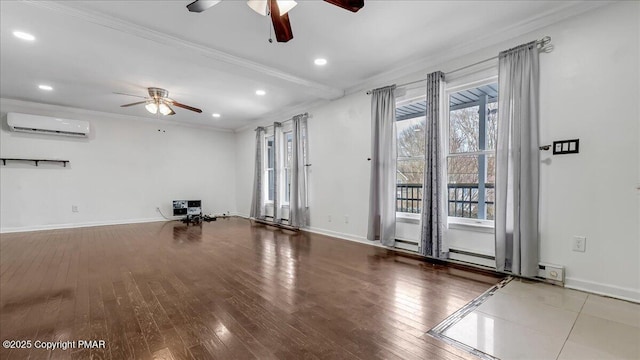 115 Aspen Cir E, Stroudsburg, PA 18302 - empty room with a ceiling fan, a wall mounted AC, hardwood / wood-style floors, recessed lighting, and ornamental molding