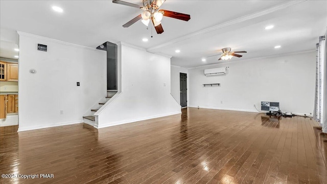 115 Aspen Cir E, Stroudsburg, PA 18302 - unfurnished living room featuring a ceiling fan, a wall unit AC, crown molding, wood-type flooring, and stairs