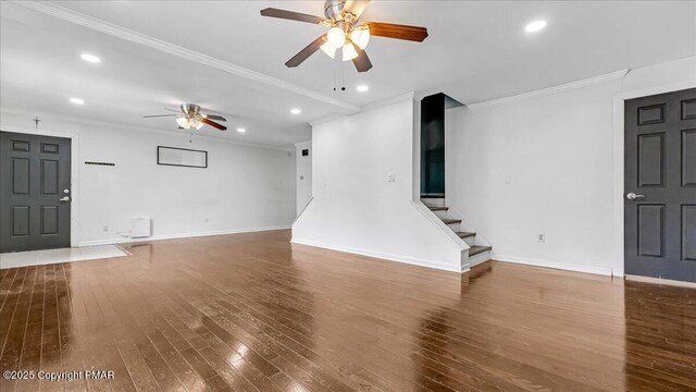 115 Aspen Cir E, Stroudsburg, PA 18302 - unfurnished living room featuring a ceiling fan, hardwood / wood-style floors, ornamental molding, recessed lighting, and stairway