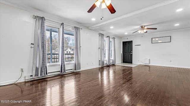115 Aspen Cir E, Stroudsburg, PA 18302 - spare room with a ceiling fan, hardwood / wood-style floors, recessed lighting, ornamental molding, and a baseboard radiator