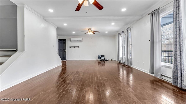 115 Aspen Cir E, Stroudsburg, PA 18302 - unfurnished living room featuring ceiling fan, a wall unit AC, healthy amount of natural light, hardwood / wood-style floors, and ornamental molding