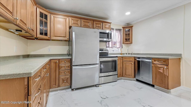 115 Aspen Cir E, Stroudsburg, PA 18302 - kitchen with stainless steel appliances, brown cabinetry, crown molding, glass insert cabinets, and light marble finish floors
