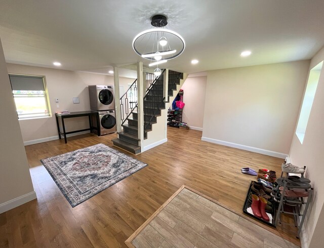 20 Occoquan Trl, Albrightsville, PA 18210 - exercise area featuring stacked washer / dryer, baseboards, wood finished floors, and recessed lighting