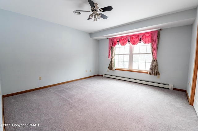 spare room featuring visible vents, carpet flooring, a baseboard radiator, baseboards, and ceiling fan