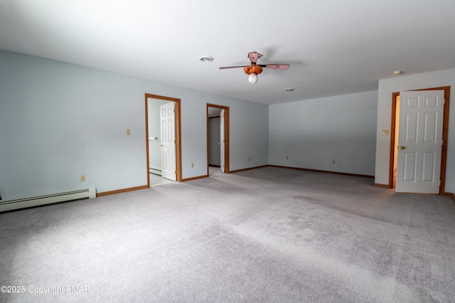 empty room featuring visible vents, light carpet, baseboards, and ceiling fan