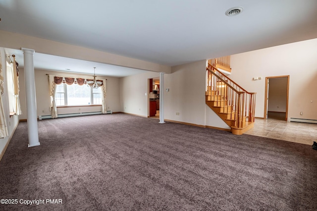 unfurnished living room featuring a baseboard radiator, visible vents, carpet flooring, and stairway