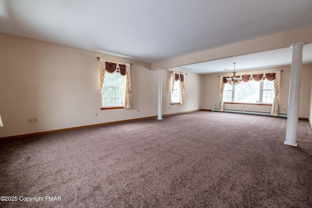 carpeted empty room featuring a baseboard radiator, baseboards, and a chandelier