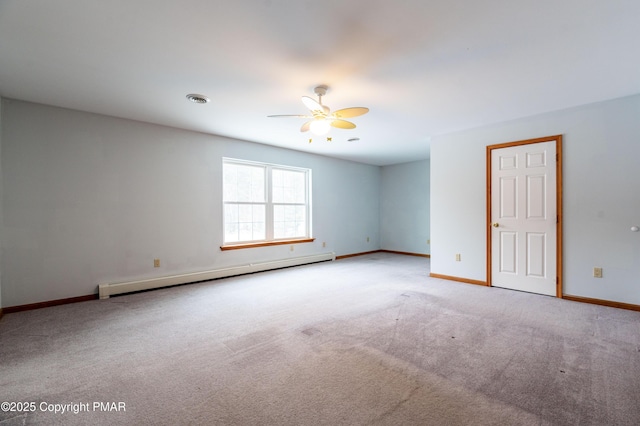 spare room featuring carpet flooring, visible vents, a ceiling fan, and a baseboard radiator