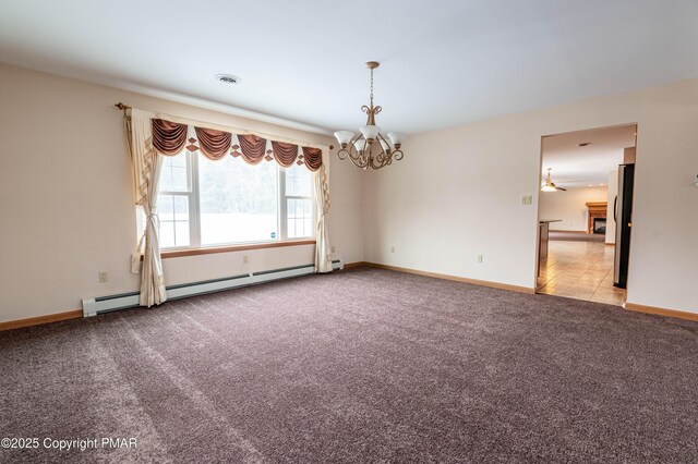 spare room featuring baseboards, visible vents, carpet floors, baseboard heating, and a chandelier