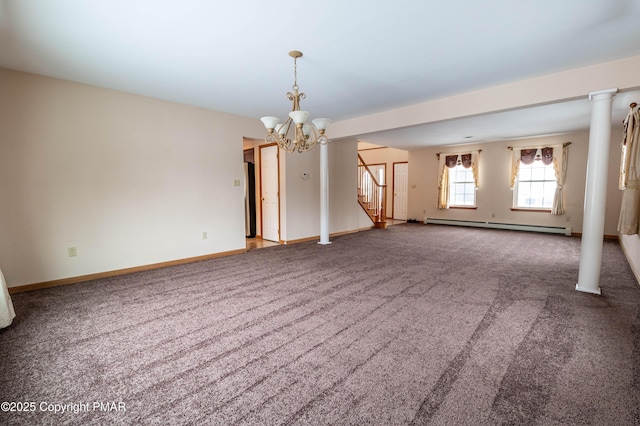 empty room with a baseboard heating unit, stairway, carpet, and a chandelier