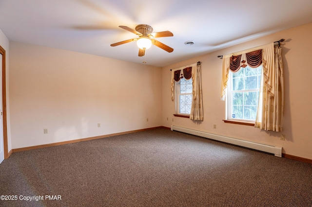 carpeted spare room with a baseboard radiator, baseboards, visible vents, and a ceiling fan