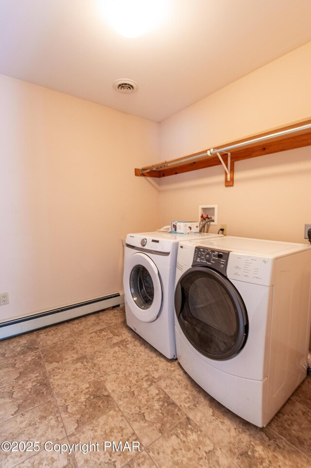 laundry room featuring laundry area, visible vents, baseboard heating, and washer and clothes dryer