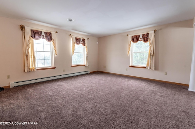 unfurnished room with a baseboard radiator, plenty of natural light, visible vents, and carpet flooring