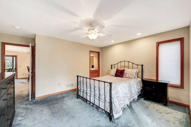 carpeted bedroom featuring baseboards, ceiling fan, recessed lighting, and visible vents