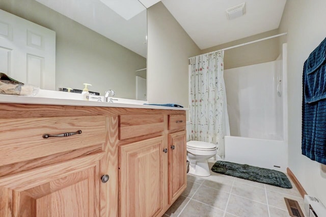 bathroom with tile patterned flooring, shower / tub combo with curtain, vanity, toilet, and visible vents