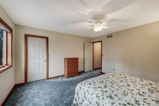 bedroom featuring baseboards, ceiling fan, carpet flooring, and visible vents