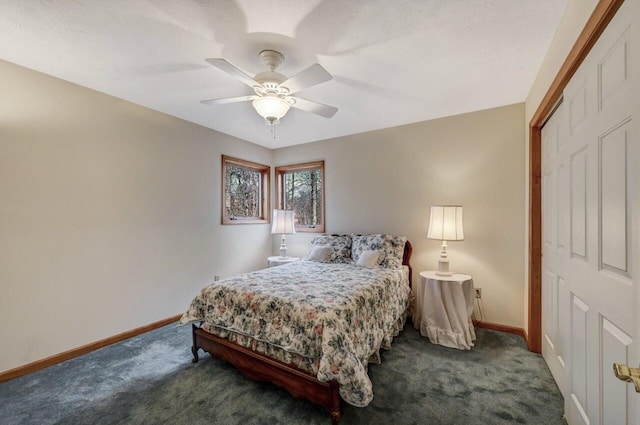 carpeted bedroom featuring baseboards, ceiling fan, and a closet
