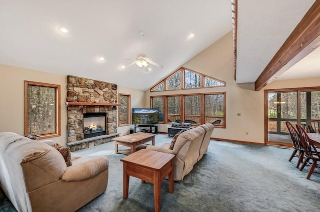 carpeted living area featuring a fireplace, baseboards, ceiling fan, high vaulted ceiling, and recessed lighting
