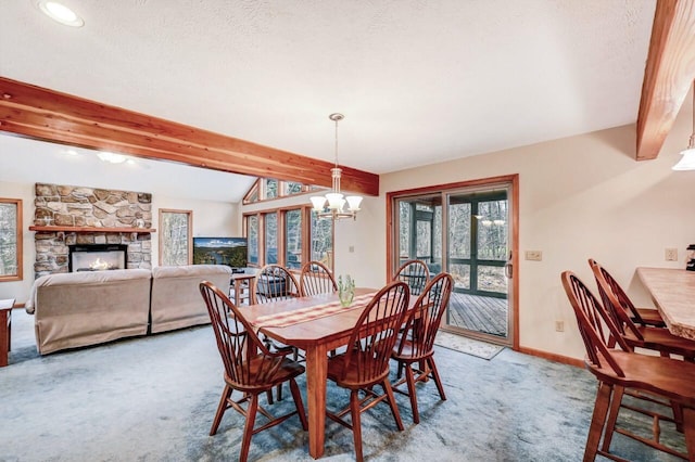 dining area featuring an inviting chandelier, lofted ceiling with beams, carpet floors, recessed lighting, and baseboards