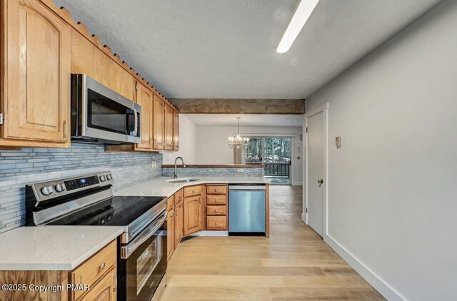 kitchen with pendant lighting, sink, appliances with stainless steel finishes, backsplash, and light wood-type flooring