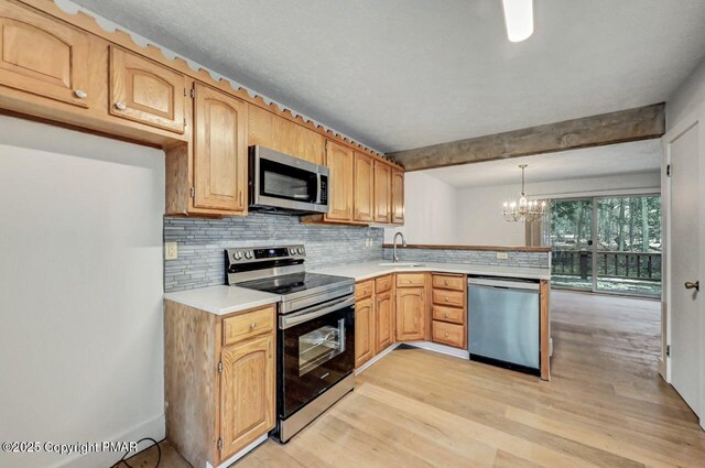 kitchen with sink, backsplash, hanging light fixtures, light hardwood / wood-style floors, and stainless steel appliances