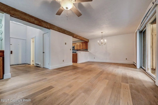 unfurnished living room featuring ceiling fan with notable chandelier, a baseboard radiator, beamed ceiling, and light wood-type flooring