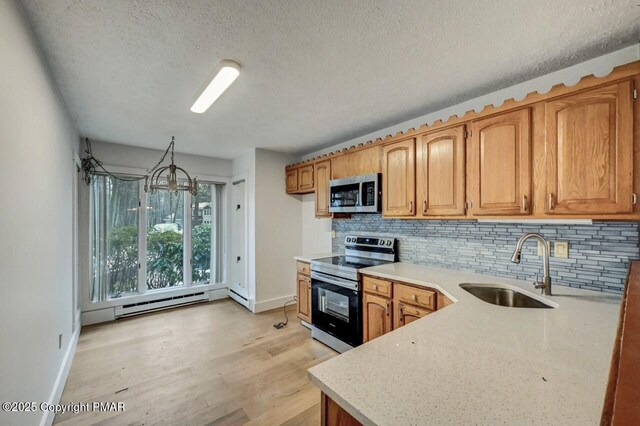 kitchen featuring sink, light wood-type flooring, a baseboard radiator, stainless steel appliances, and backsplash