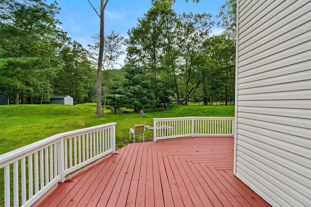 240 Timberline Dr, East Stroudsburg, PA 18301 - wooden deck featuring a lawn and an outdoor structure