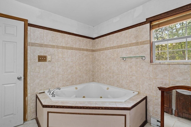 240 Timberline Dr, East Stroudsburg, PA 18301 - full bath featuring a whirlpool tub, a baseboard heating unit, and tile walls