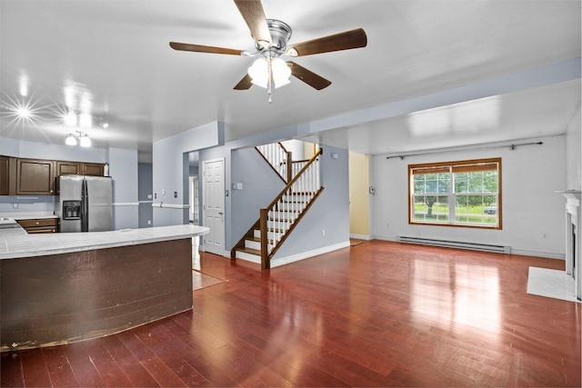240 Timberline Dr, East Stroudsburg, PA 18301 - kitchen featuring stainless steel fridge, a baseboard radiator, tile counters, dark wood finished floors, and ceiling fan