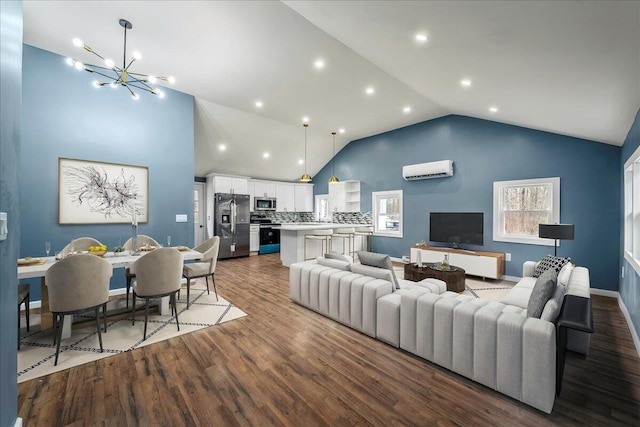 living room with baseboards, a chandelier, wood finished floors, an AC wall unit, and high vaulted ceiling