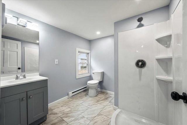 full bathroom featuring baseboards, toilet, marble finish floor, a baseboard heating unit, and a walk in shower