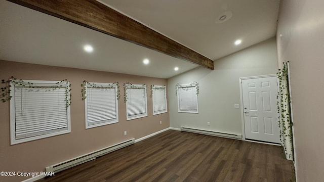 empty room with dark wood finished floors, baseboard heating, recessed lighting, and vaulted ceiling with beams