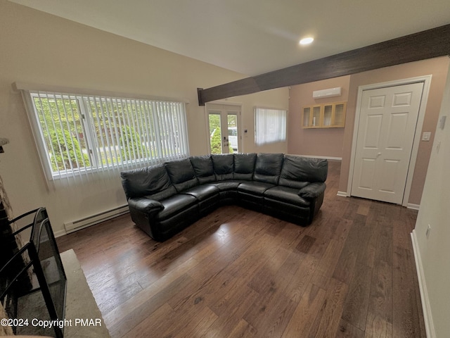 living room with a wall unit AC, dark hardwood / wood-style floors, and baseboard heating