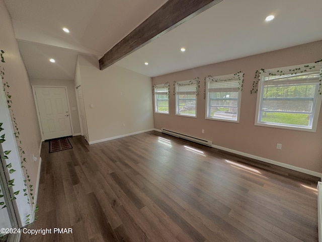 interior space featuring a baseboard radiator, lofted ceiling with beams, and dark hardwood / wood-style floors