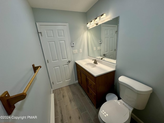 bathroom with vanity, toilet, and wood tiled floor