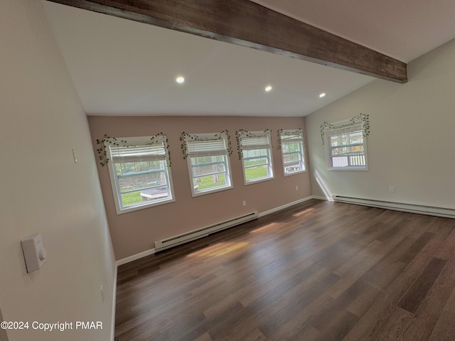 spare room featuring baseboard heating, dark hardwood / wood-style flooring, and lofted ceiling with beams