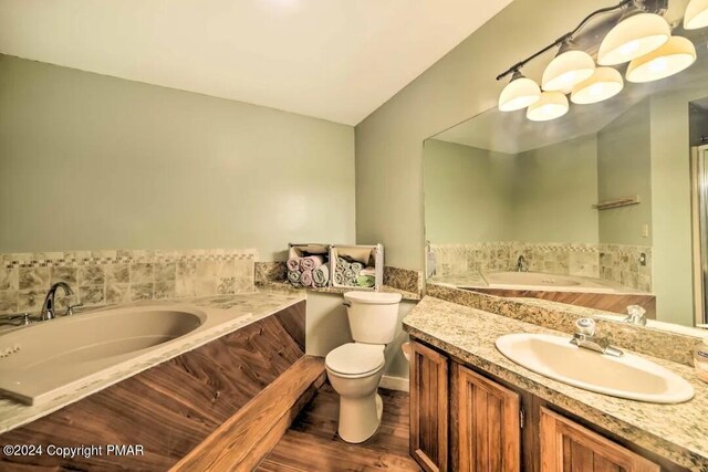 bathroom featuring wood finished floors, toilet, a bath, and vanity