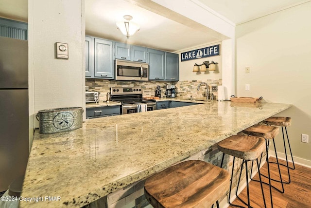 kitchen featuring tasteful backsplash, a peninsula, stainless steel appliances, and a sink