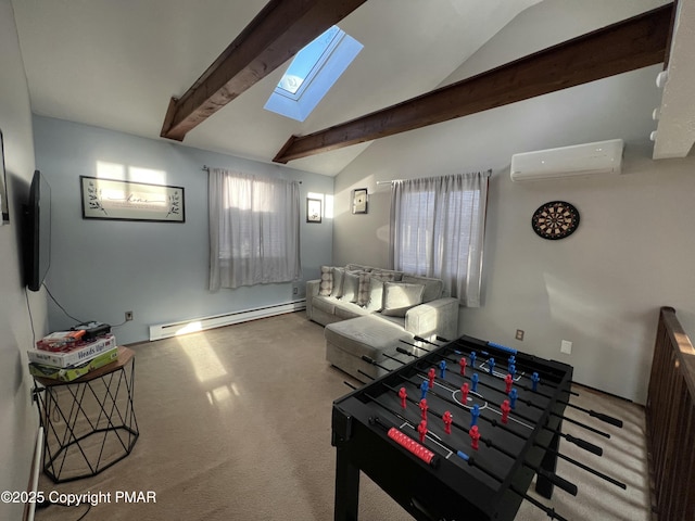 game room with a baseboard radiator, vaulted ceiling with skylight, and a wall mounted AC