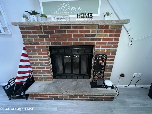 room details with a fireplace and wood finished floors