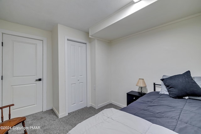 bedroom featuring a closet, baseboards, and carpet floors