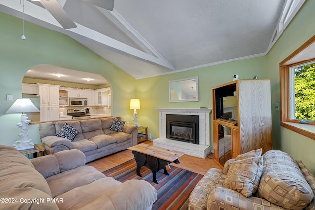 living area featuring arched walkways, wood finished floors, a fireplace, and vaulted ceiling