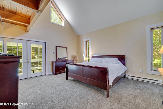 bedroom with access to exterior, carpet floors, beam ceiling, french doors, and a baseboard radiator